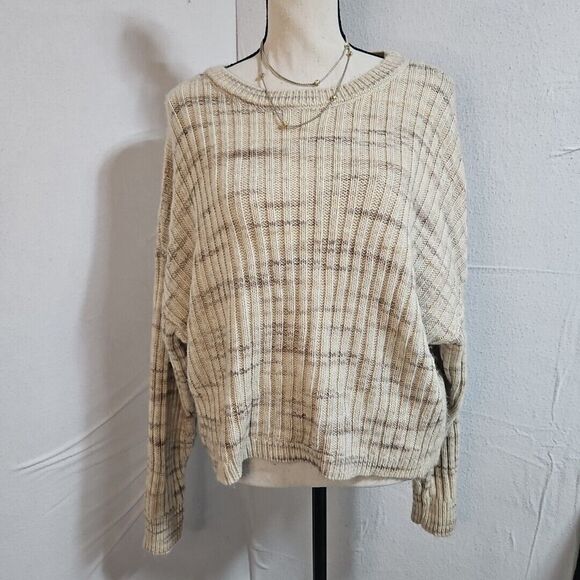 Lucky Brand Spacedye Beige Boxy Relaxed Fit  Ribbed Crewneck Boho Sweater Size L - Picture 1 of 9
